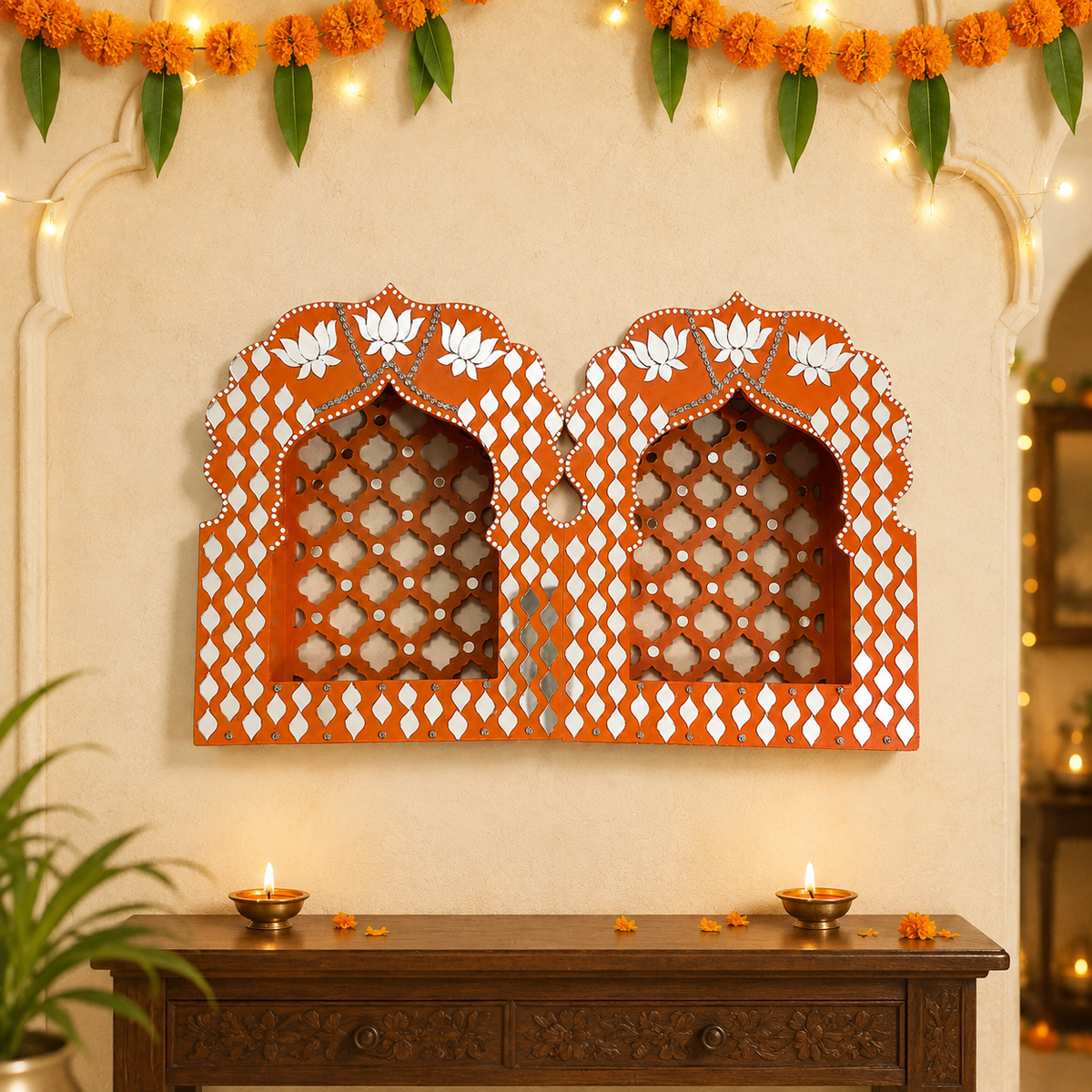 Rajwadi Orange Jharokha – Handcrafted MDF Wall Décor with Mirror Work | 12 × 9 × 3 Inch