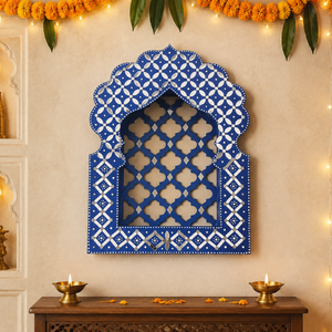 Rajwadi Blue Jharokha SC-9-6 – styled in a festive Indian interior with diyas and marigold decor