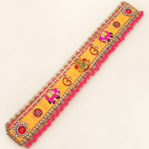 Handcrafted Shubh Labh elephant door toran in yellow and pink