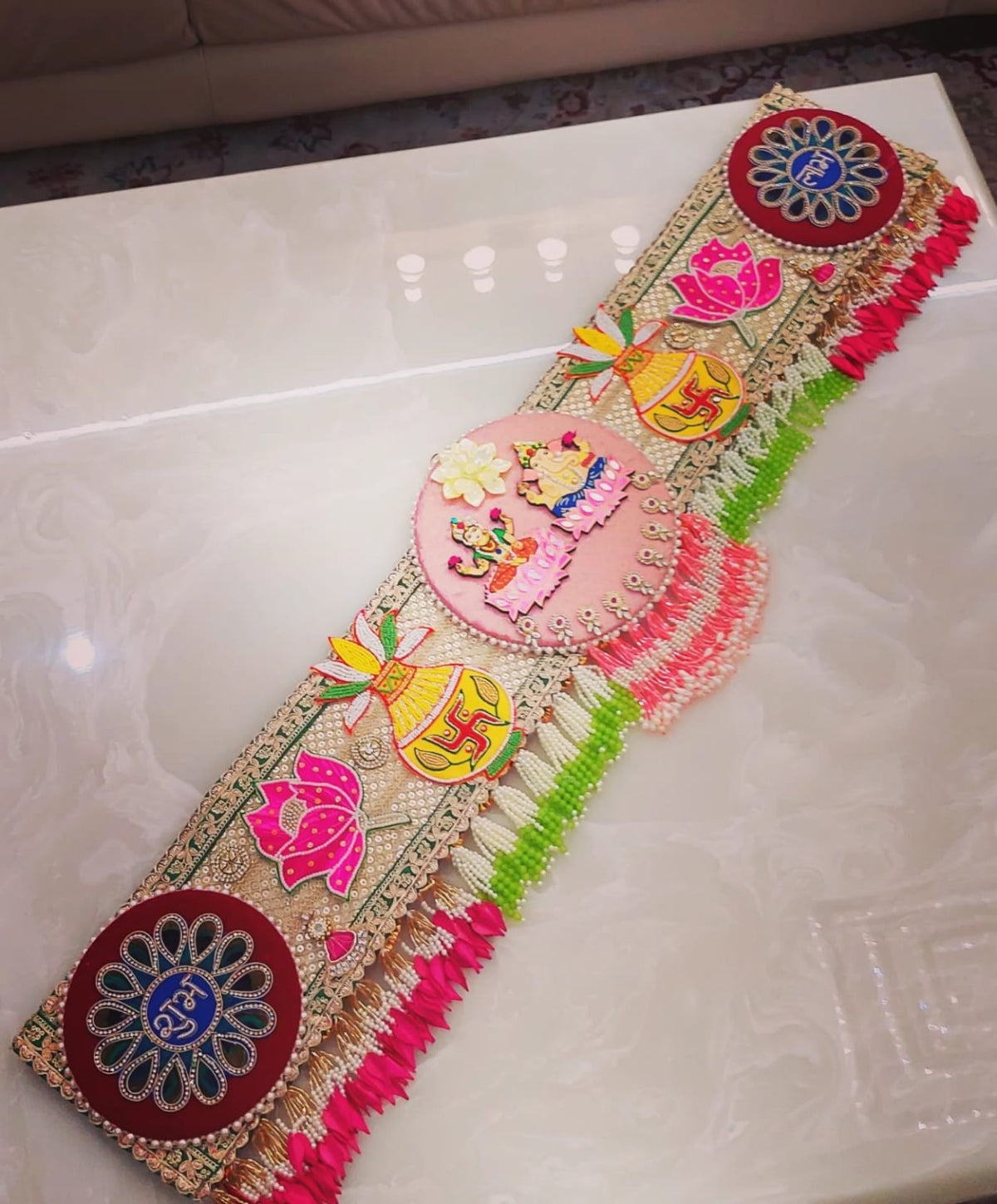 Handmade Lakshmi Ganesha Lotus Bandhanwar Toran with Beadwork