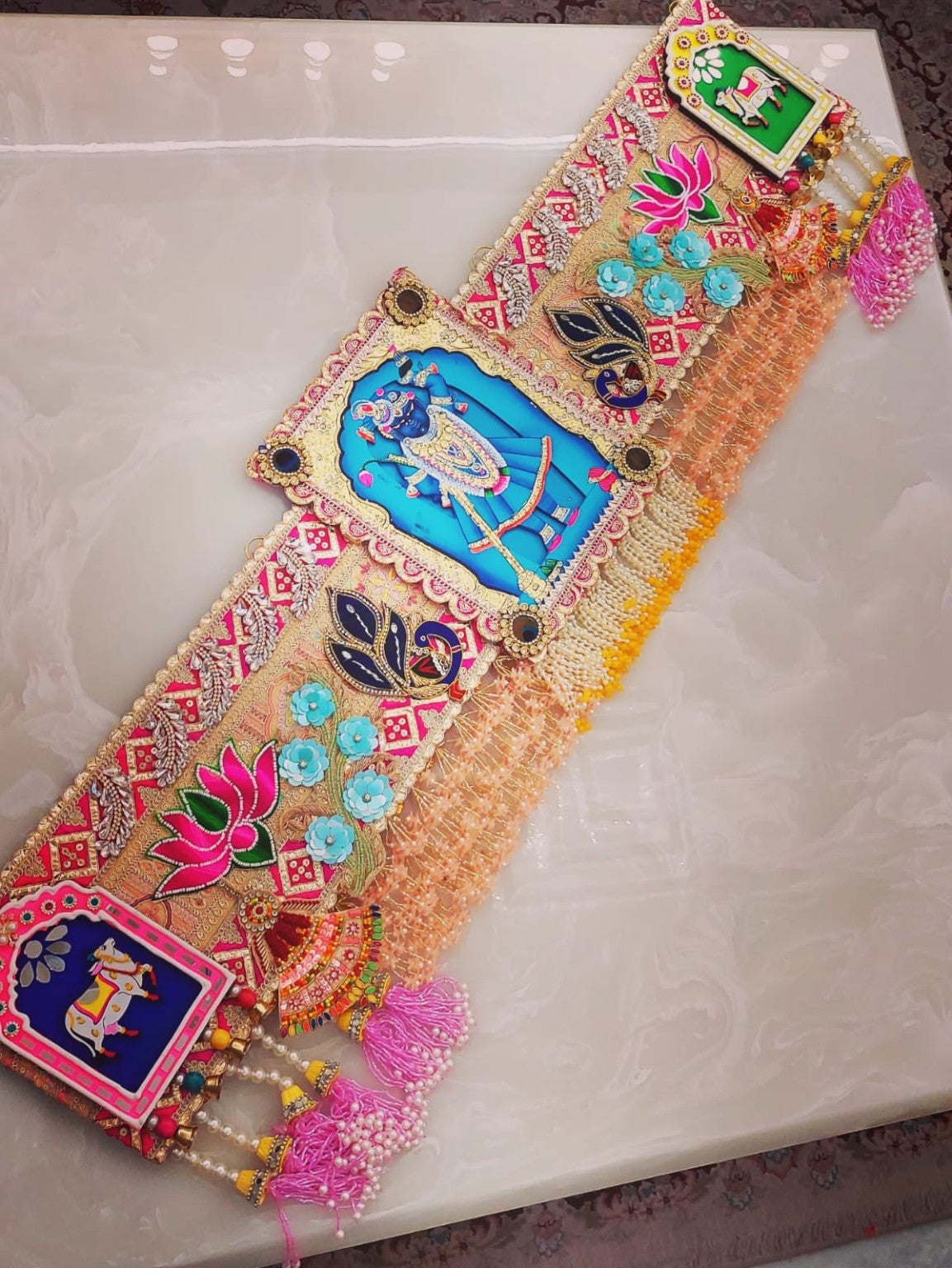Handmade Shrinathji Pichwai Bandhanwar Toran with Lotus, Cow & Peacock Motifs
