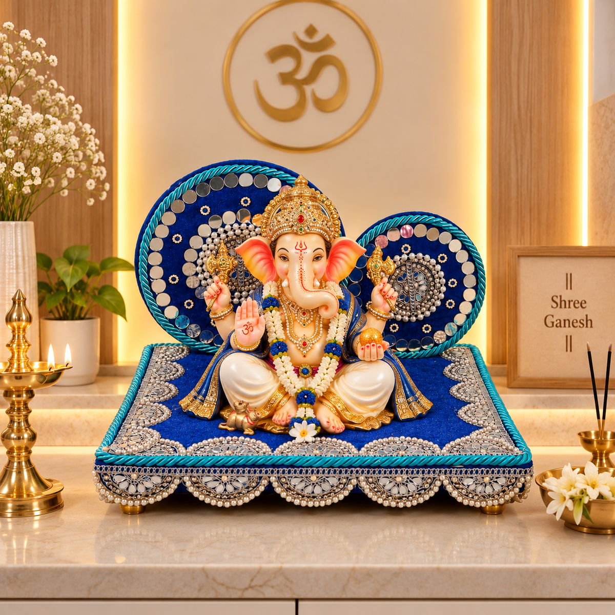 Royal Mirror Work Singhasan for God Idol – Pearl Embellished Handcrafted Pooja Throne | 8, 10, 12 Inch