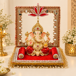 Royal Red Lotus Singhasan 12 Inch – shown with Ganpati idol