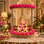 Royal Floral Canopy Singhasan for God Idol – Pink Rose, Pearl & Mirror Work | 16 × 16 Inch