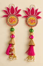 Handmade Shubh Labh Pink Lotus Door Hanging Pair with Mirror Work & Tassels | Shecanova