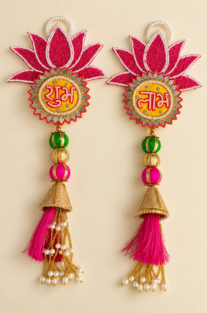 Handmade Shubh Labh Pink Lotus Door Hanging Pair with Mirror Work & Tassels | Shecanova