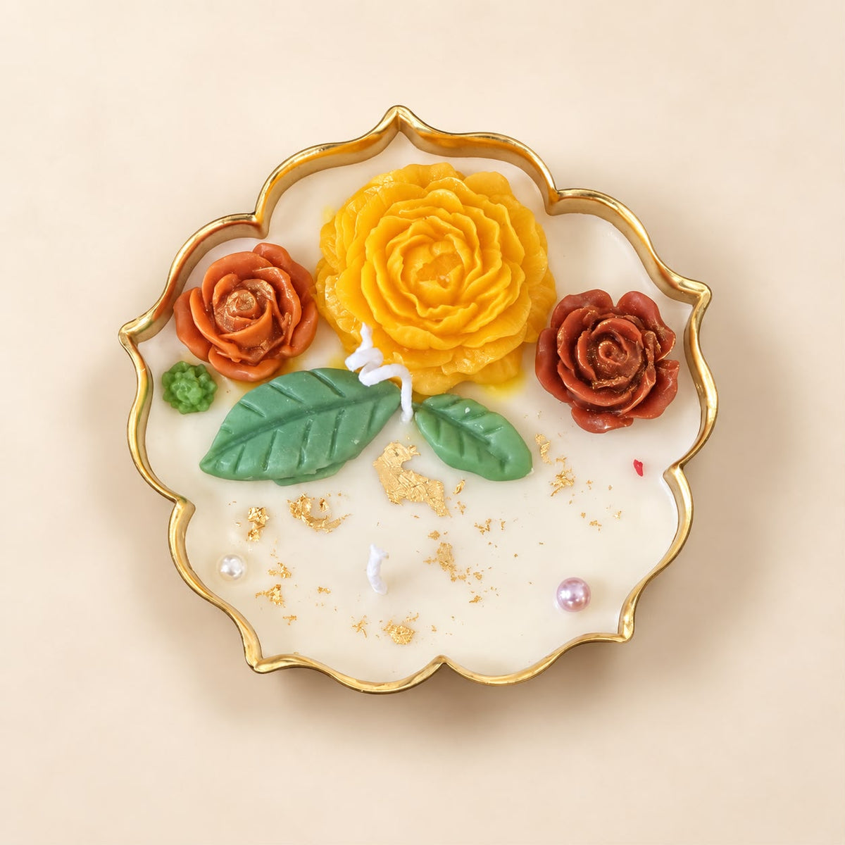 Golden Rose Garden – Handcrafted Scented Soy Candle in Gold Metal Urli | 4.5 Inch