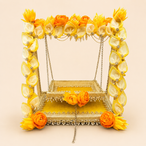 Handcrafted Floral Jhula for Laddu Gopal – Yellow & Gold without idol