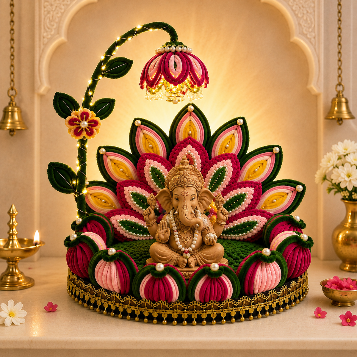 Handmade 10 inch pipe cleaner Ganpati pooja aasan with lotus design for Ganesh Chaturthi and home mandir