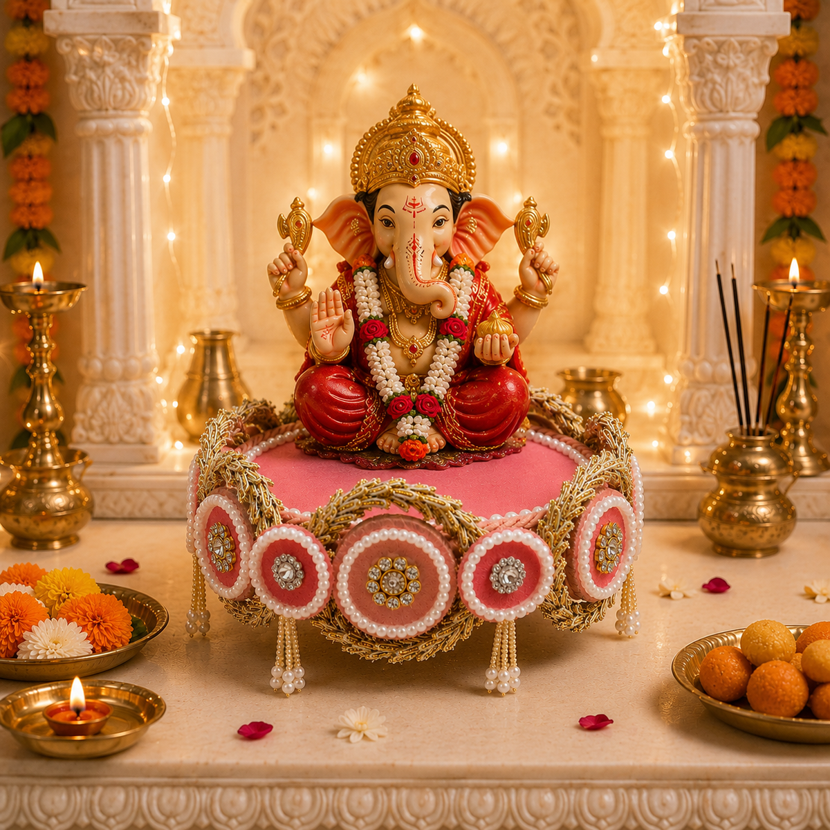 Blush Pink Round Aasan 6 Inch – shown with Ganpati idol in mandir setting