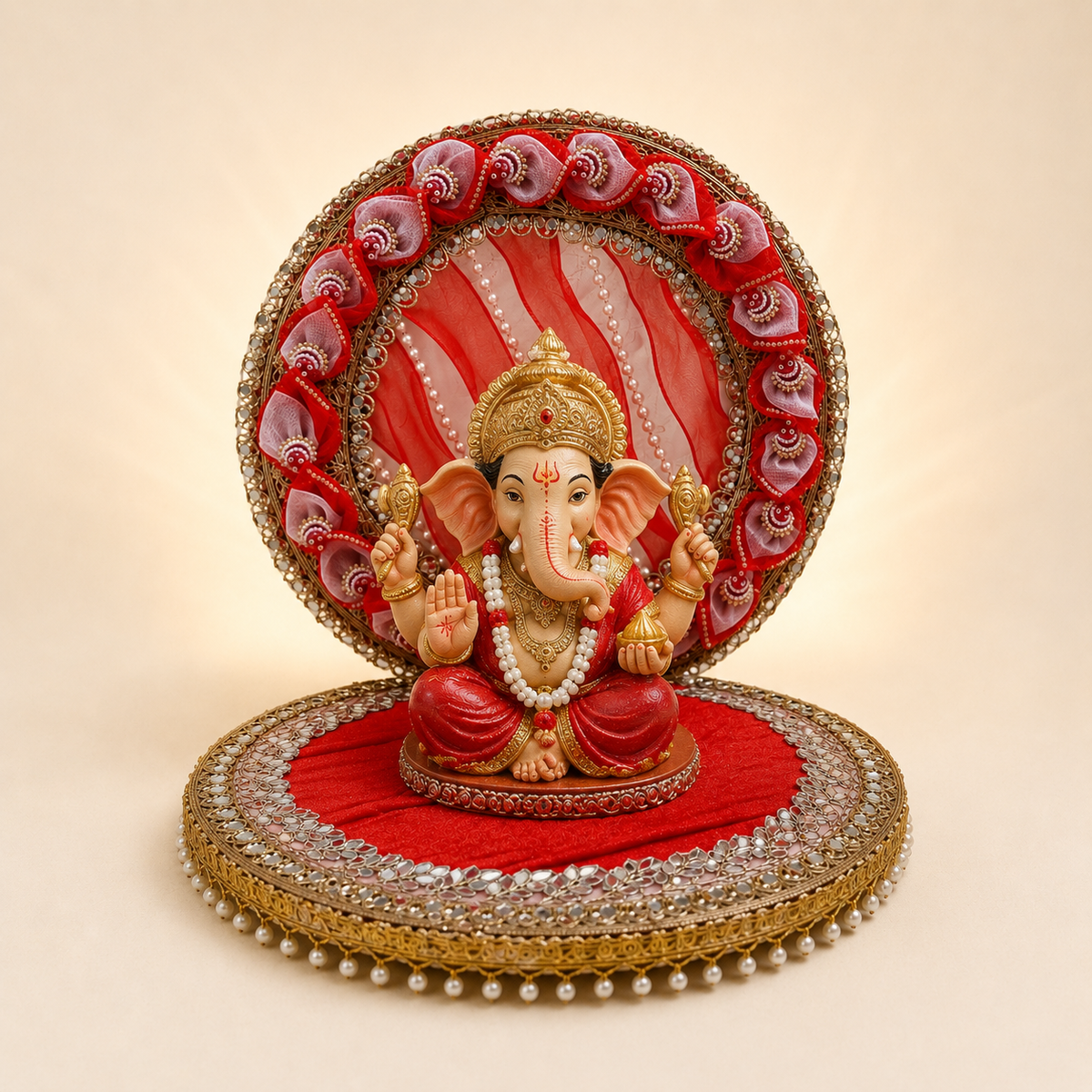 Royal red round singhasan for God idol with pearl mirror and gold detailing