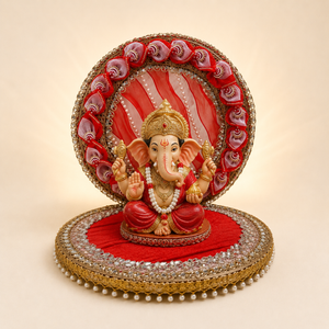 Royal red round singhasan for God idol with pearl mirror and gold detailing