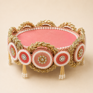 Blush Pink Round God Idol Aasan 6 Inch – Pearl & Gold Handcrafted Pooja Seat
