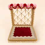 Handcrafted 12 inch red and gold god idol singhasan with floral pearl and velvet detailing