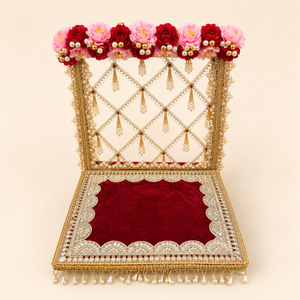 Handcrafted 12 inch red and gold god idol singhasan with floral pearl and velvet detailing
