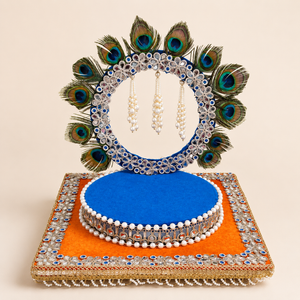 Peacock Aasan Singhasan Chowki for Ganpati Bappa – Blue & Orange with Pearl & Mirror Work