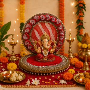 Royal red round singhasan for God idol styled with Ganpati and festive decor