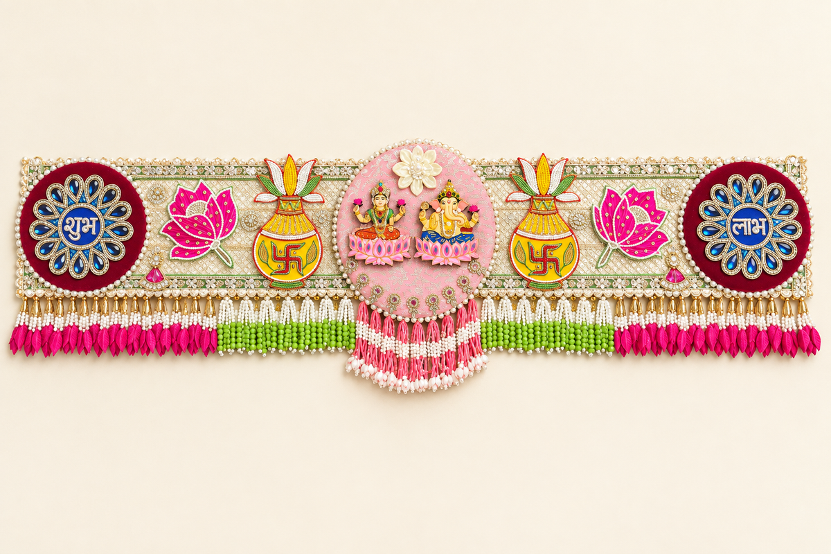 Handmade Lakshmi Ganesha Lotus Bandhanwar Toran with Beadwork