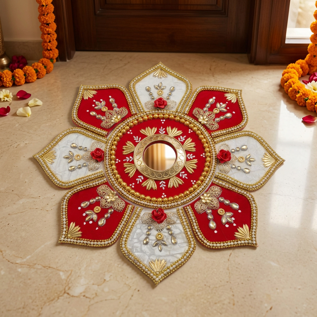 Royal Gulab Gold Floral Rangoli in a festive floor setting