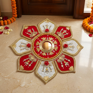 Royal Gulab Gold Floral Rangoli in a festive floor setting