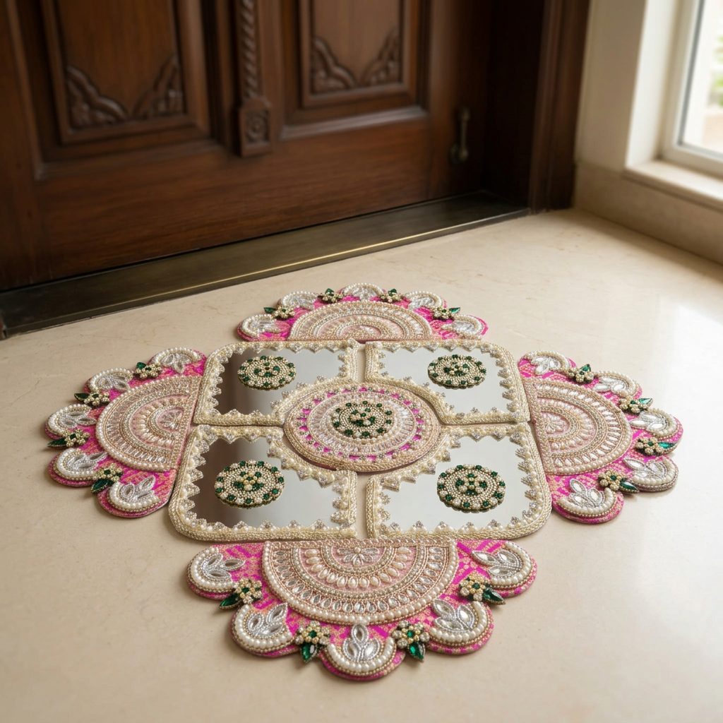 Royal Pink Mirrorwork Rangoli on the floor in front of a door