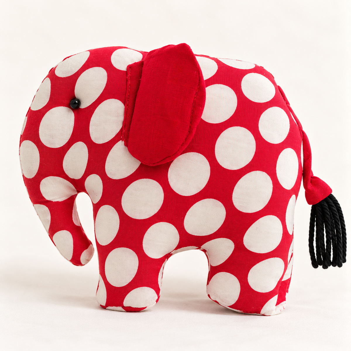 Handmade eco-friendly fabric elephant toy with polka dots